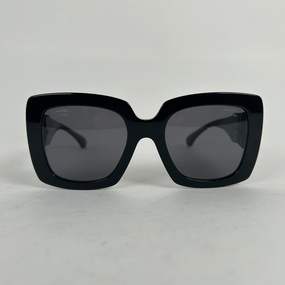 Chanel Black Acetate Calfskin Polarized Square Sunglasses