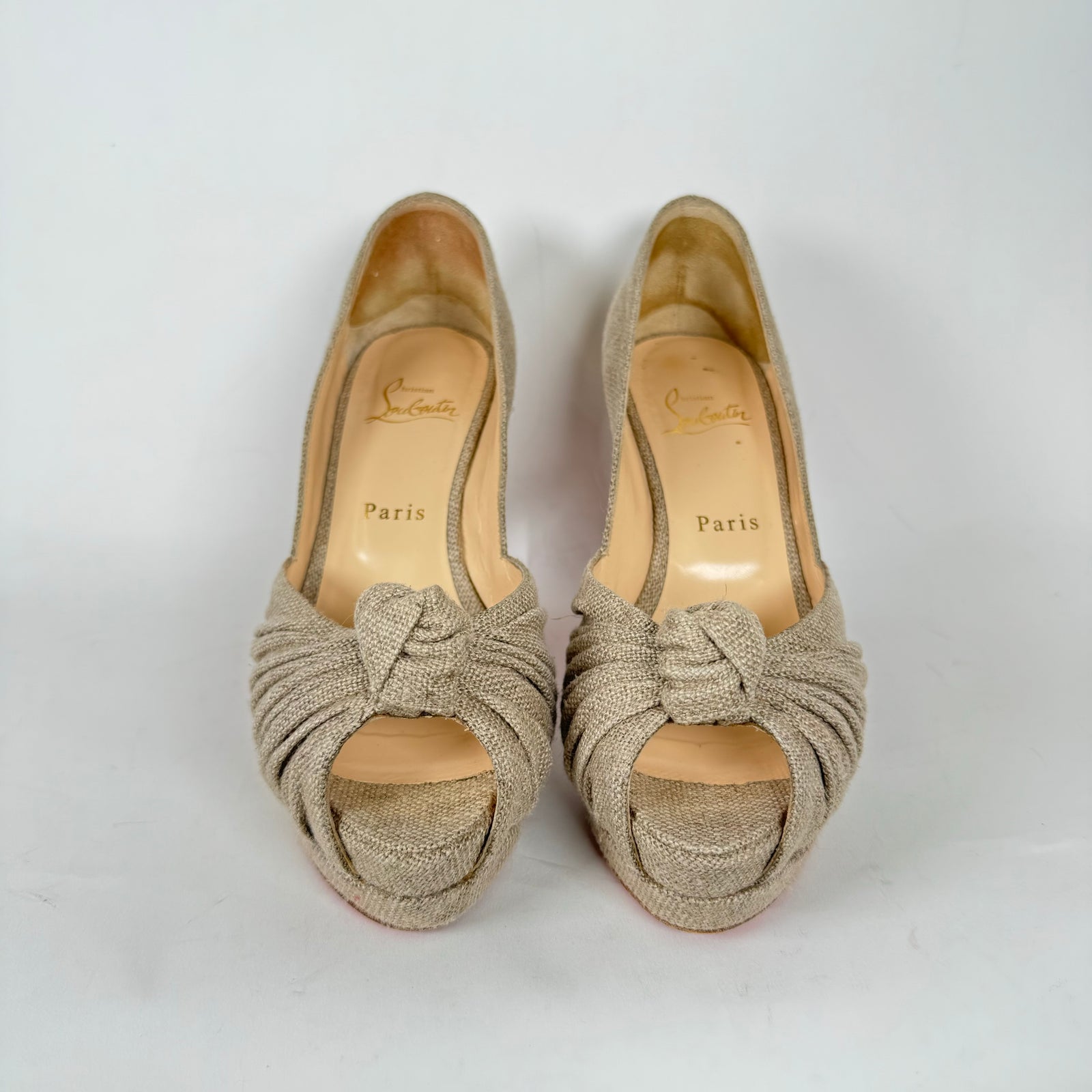 Christian Louboutin Beige Canvas Greissimo Pump 100 Heels Size 37.5