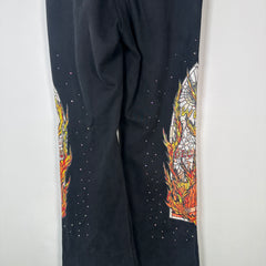 Who Decides War Flame Stained Glass Rhinestone Black Sweatpants Size L
