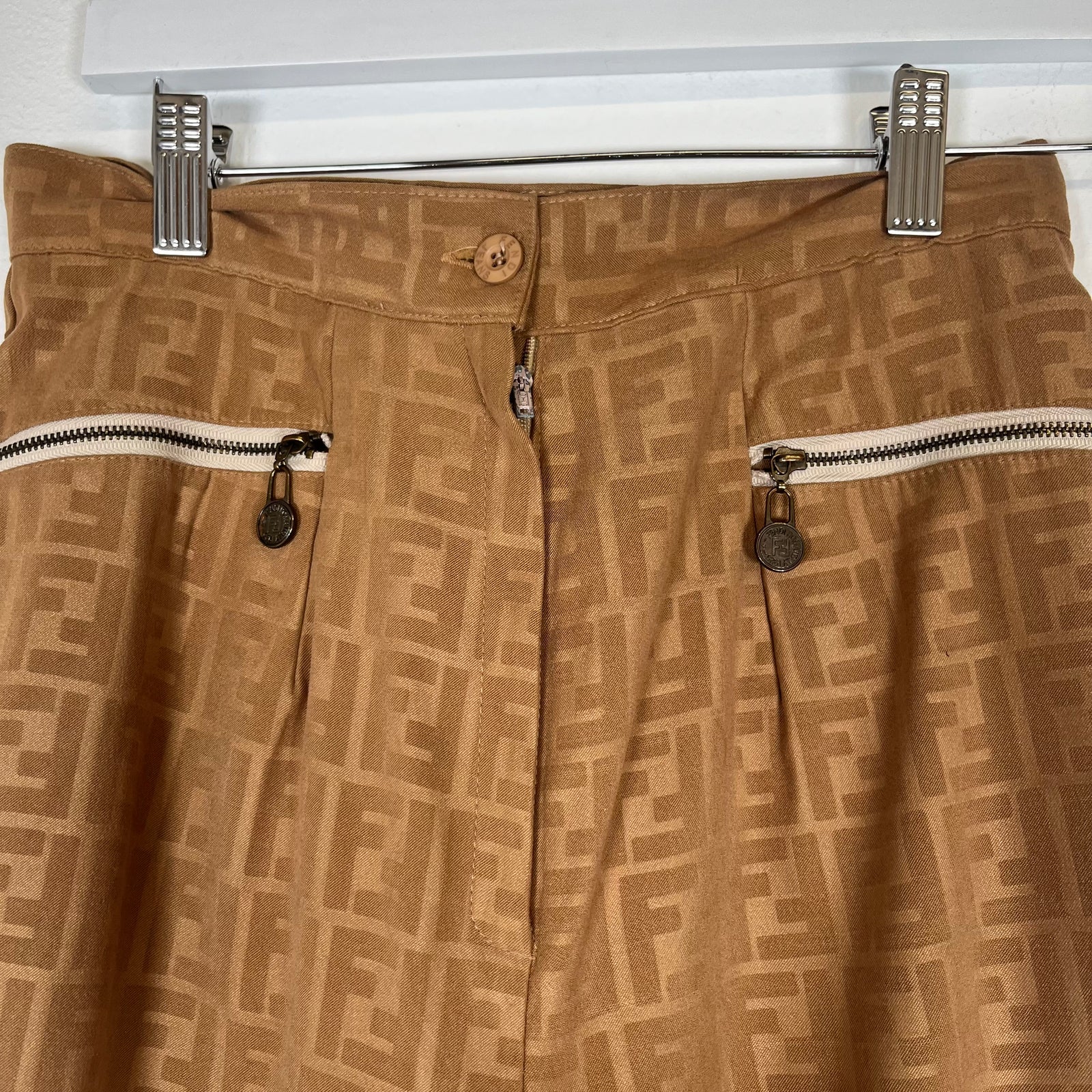 Fendi FF Monogram Tan Velour Pants Size 26