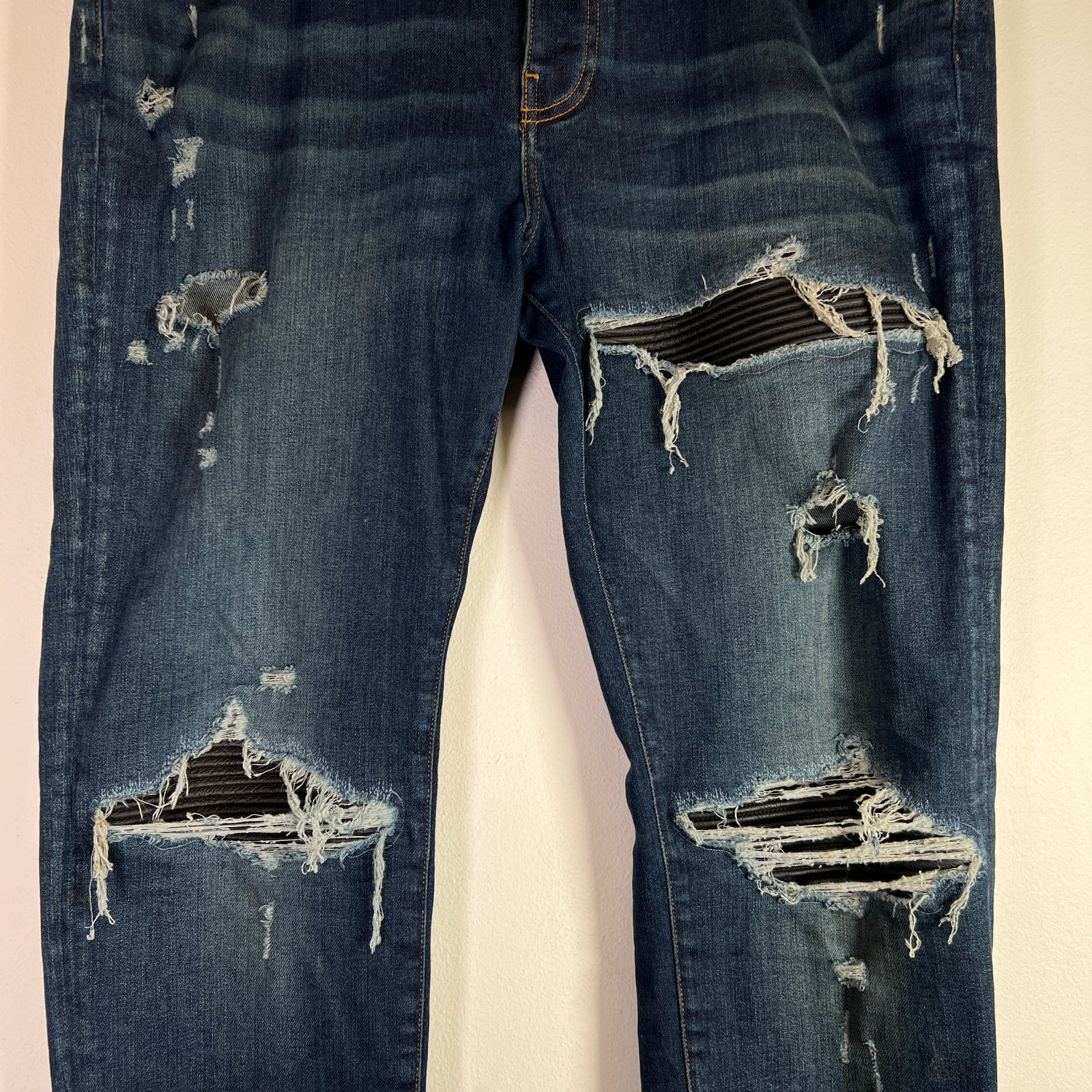Amiri MX1 Dark Blue Wash Black Patch Denim Jeans