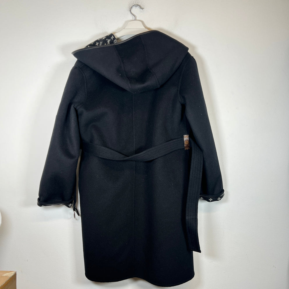 Louis Vuitton Black Monogram Hooded Wool Wrap Coat Size 40