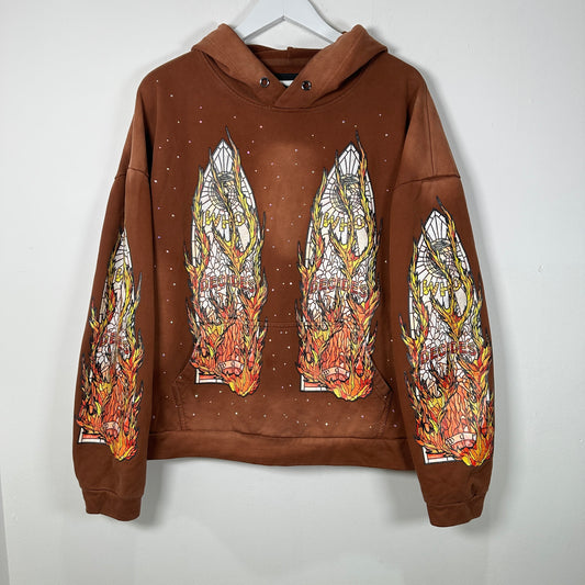 Who Decides War Flame Stained Glass Rhinestone Brown Hoodie Size L