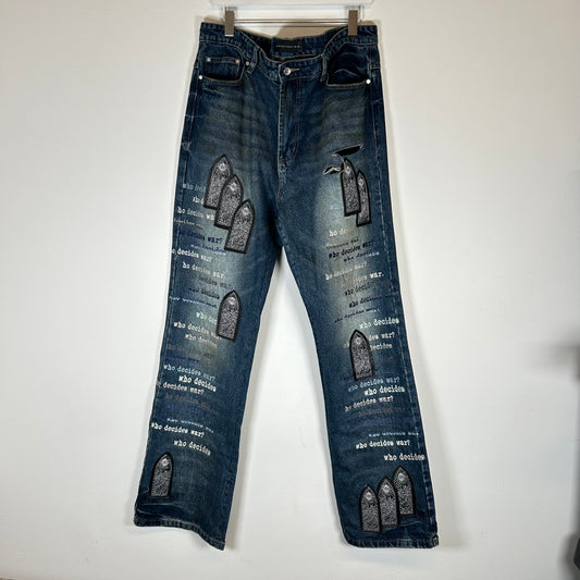 Who Decides War Blue Scripture Embroidered Jeans Size 38