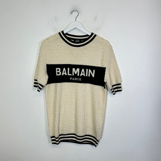 Balmain Cream Intarsia Knit Logo T-Shirt Size S