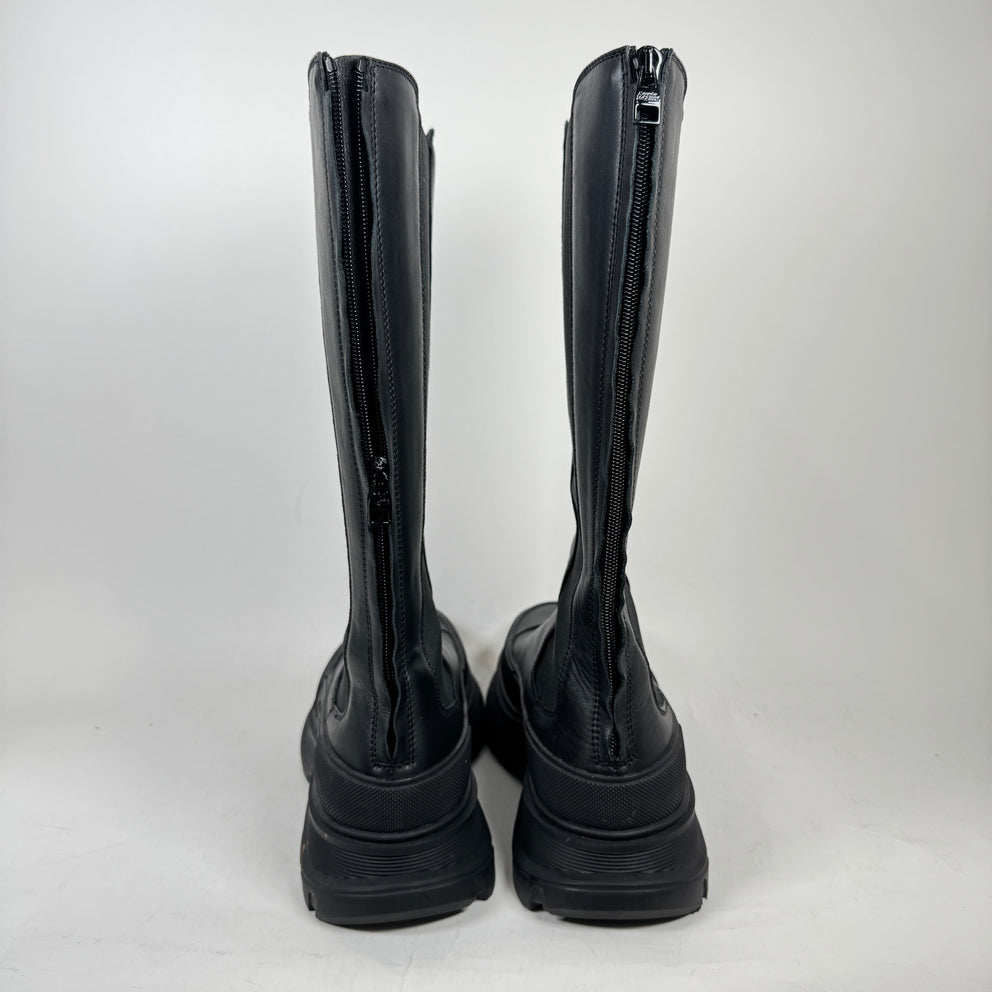Alexander McQueen Black Knee High Tread Slick Boots Size 42