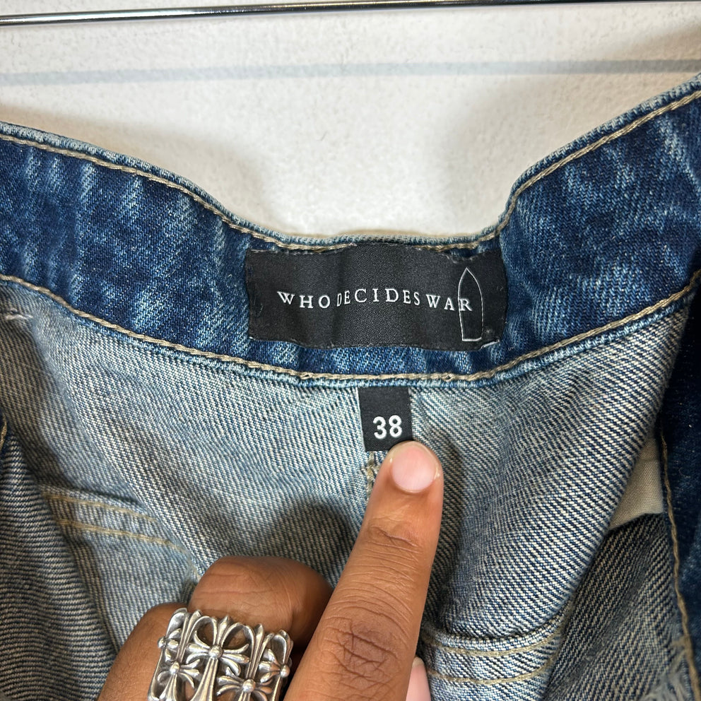 Who Decides War Blue Scripture Embroidered Jeans Size 38