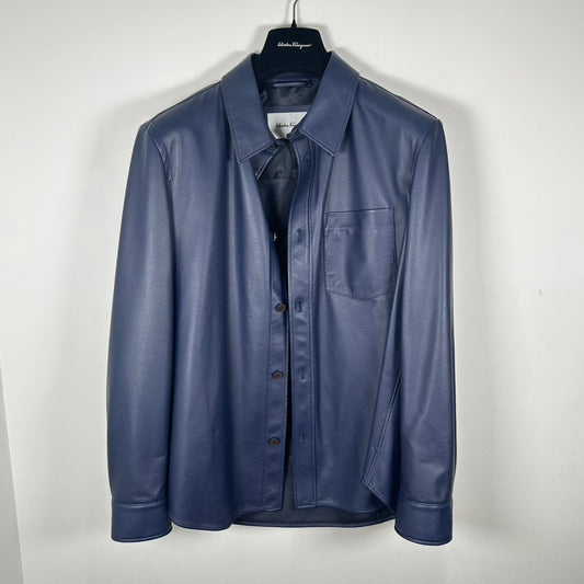 Salvatore Ferragamo Navy Leather Shirt Size 48