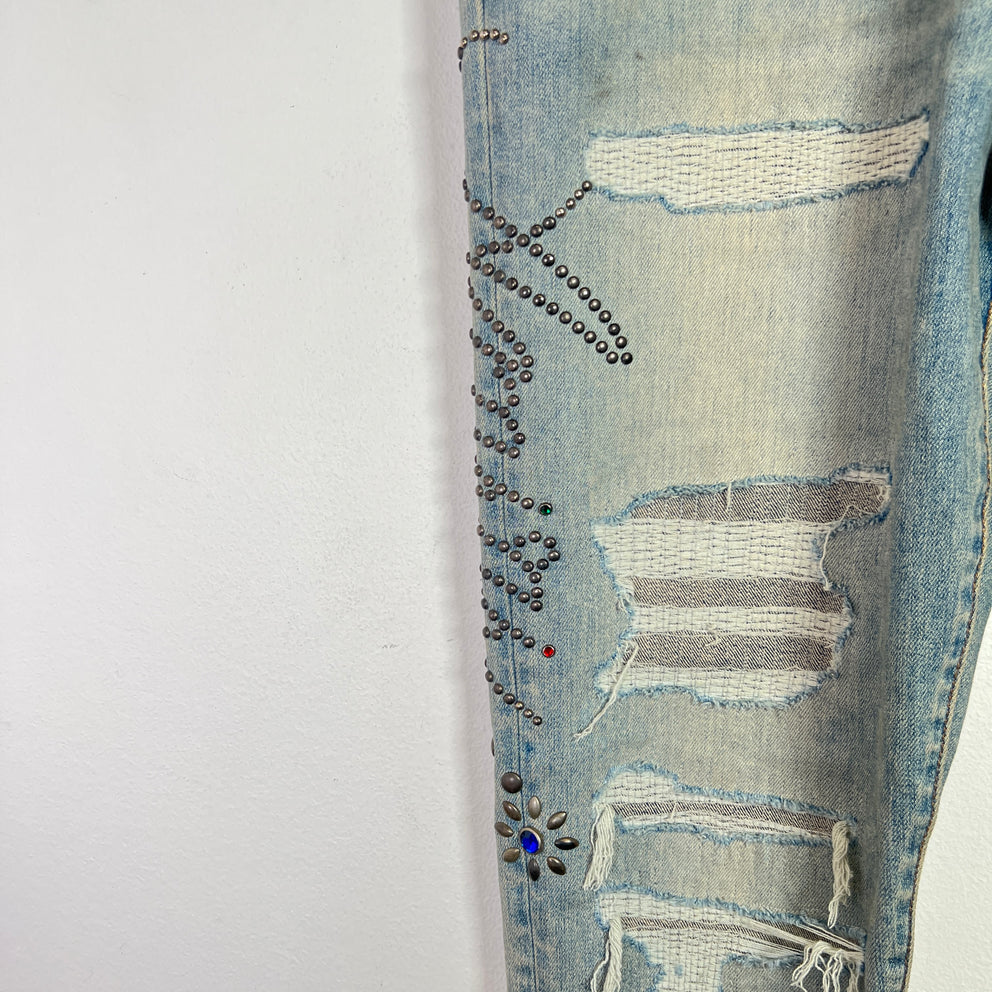 Amiri Light Indigo Floral Studded Denim Jeans