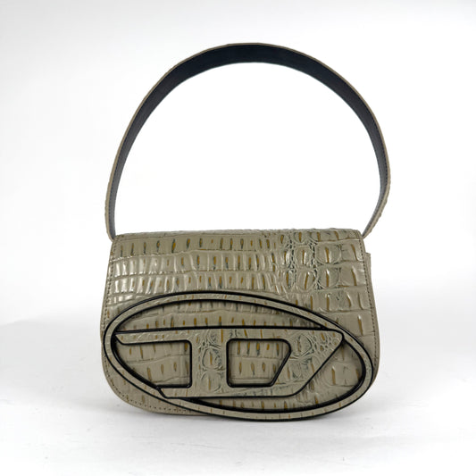 Diesel 1DR Sage Beige Crocodile Embossed Shoulder Bag