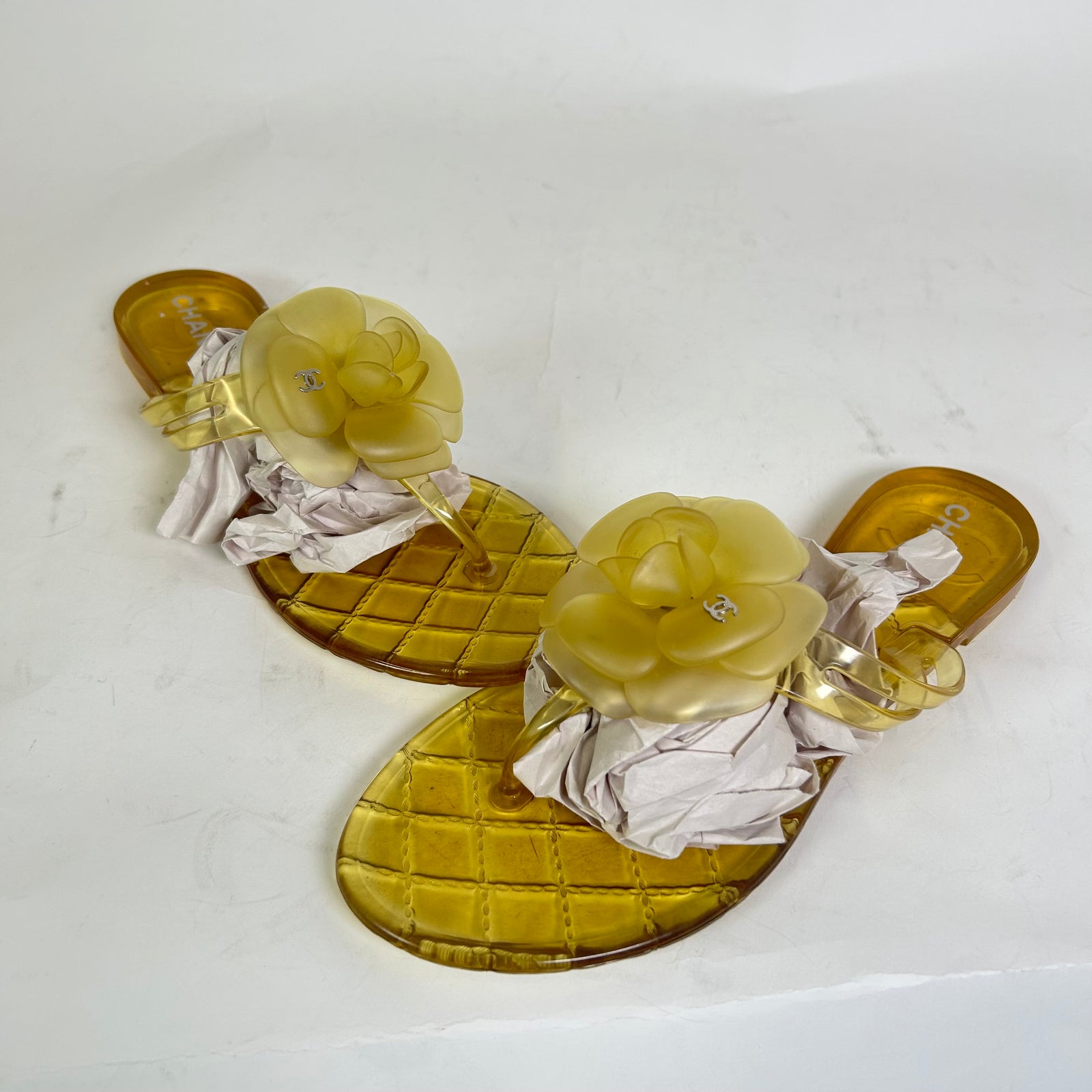 Chanel Yellow Camellia CC Jelly Sandals Size 38
