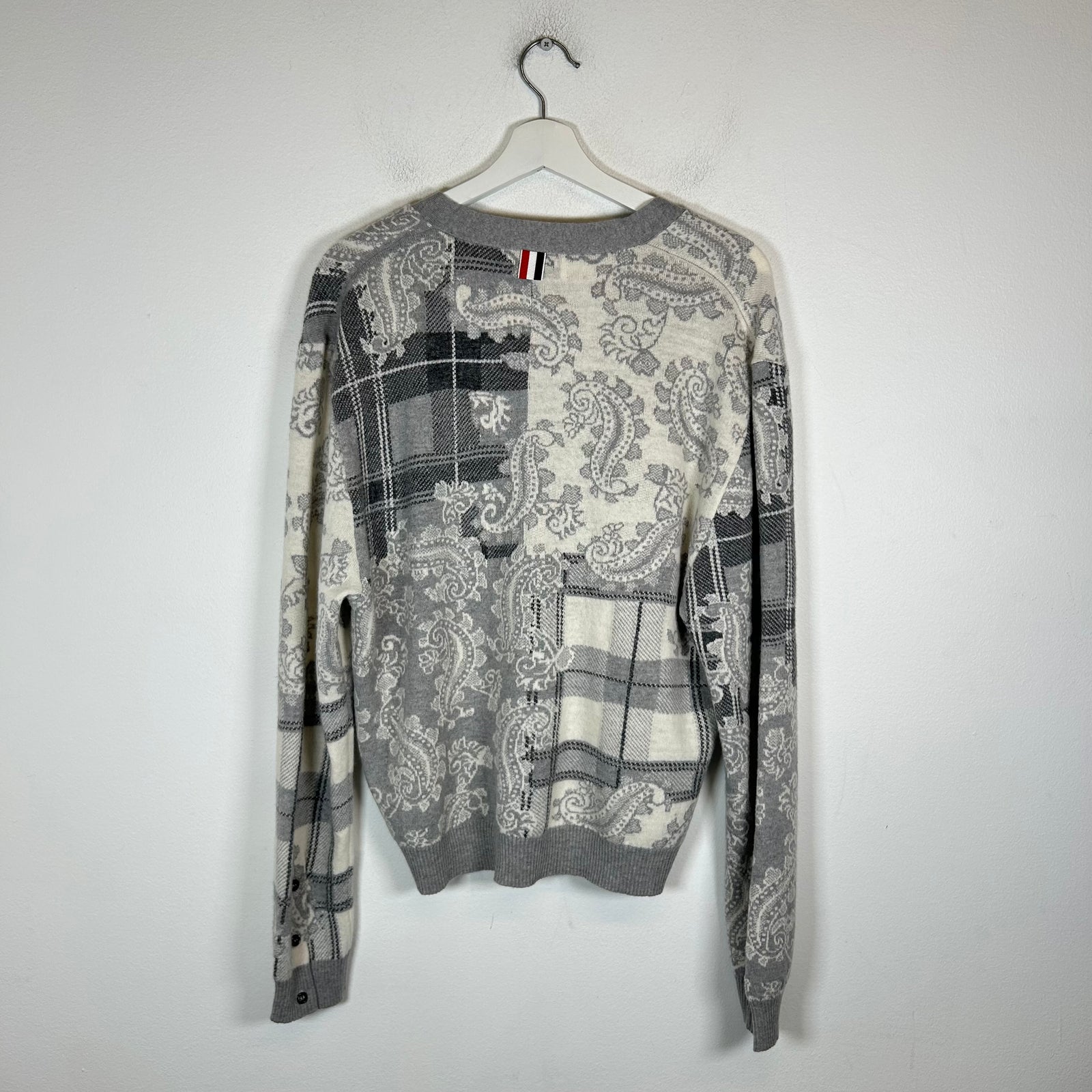 Thom Browne Grey Tartan Check/Paisley Wool V-Neck Cardigan Size 4