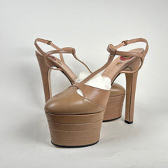 Gucci Beige Leather Malaga Kid Angel T-Strap Platform Pumps Size 40