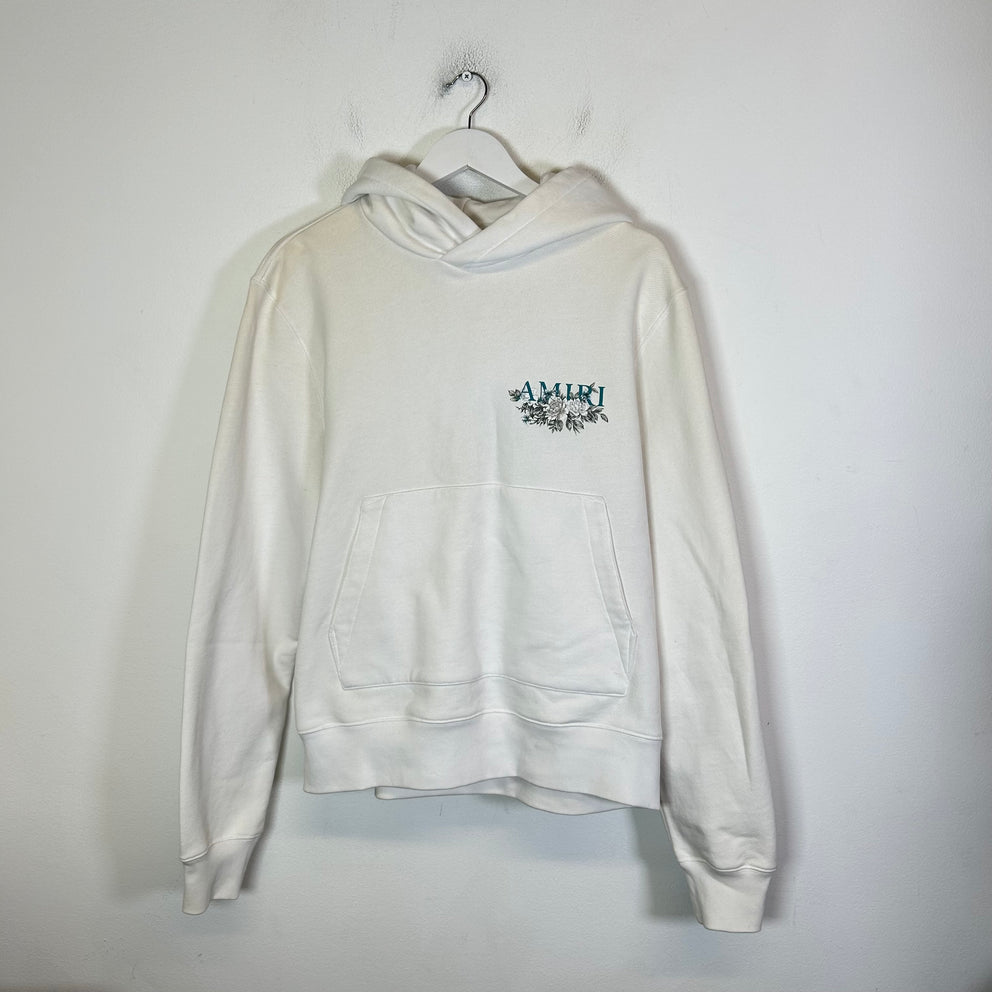Amiri White/Teal Floral Logo Hoodie Size M