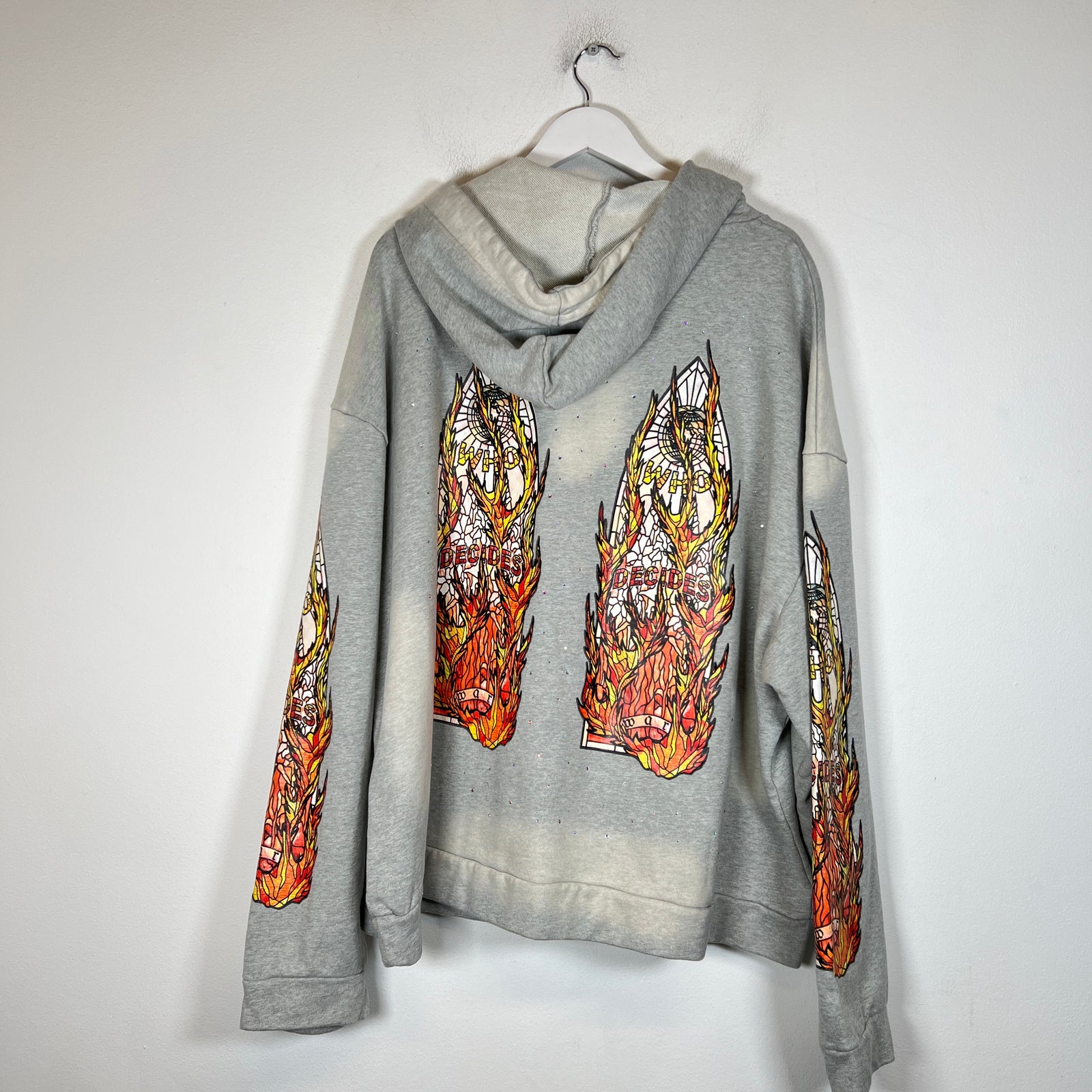 Who Decides War Grey Flame Glass Rhinestone Hoodie Size XL