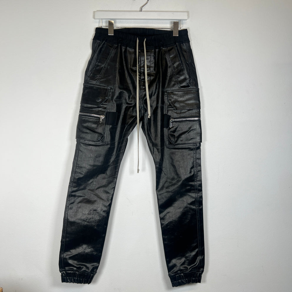 Rick Owens EDFU SS/23 Black Waxed Mastodon Cargo Joggers Size 28
