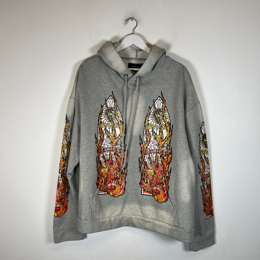 Who Decides War Grey Flame Glass Rhinestone Hoodie Size L