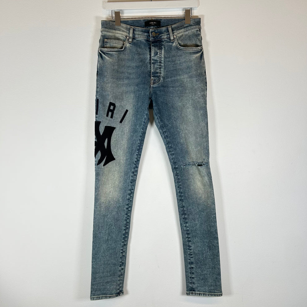 Amiri Lightwash Suede Applique Logo Skinny Jeans Size 32
