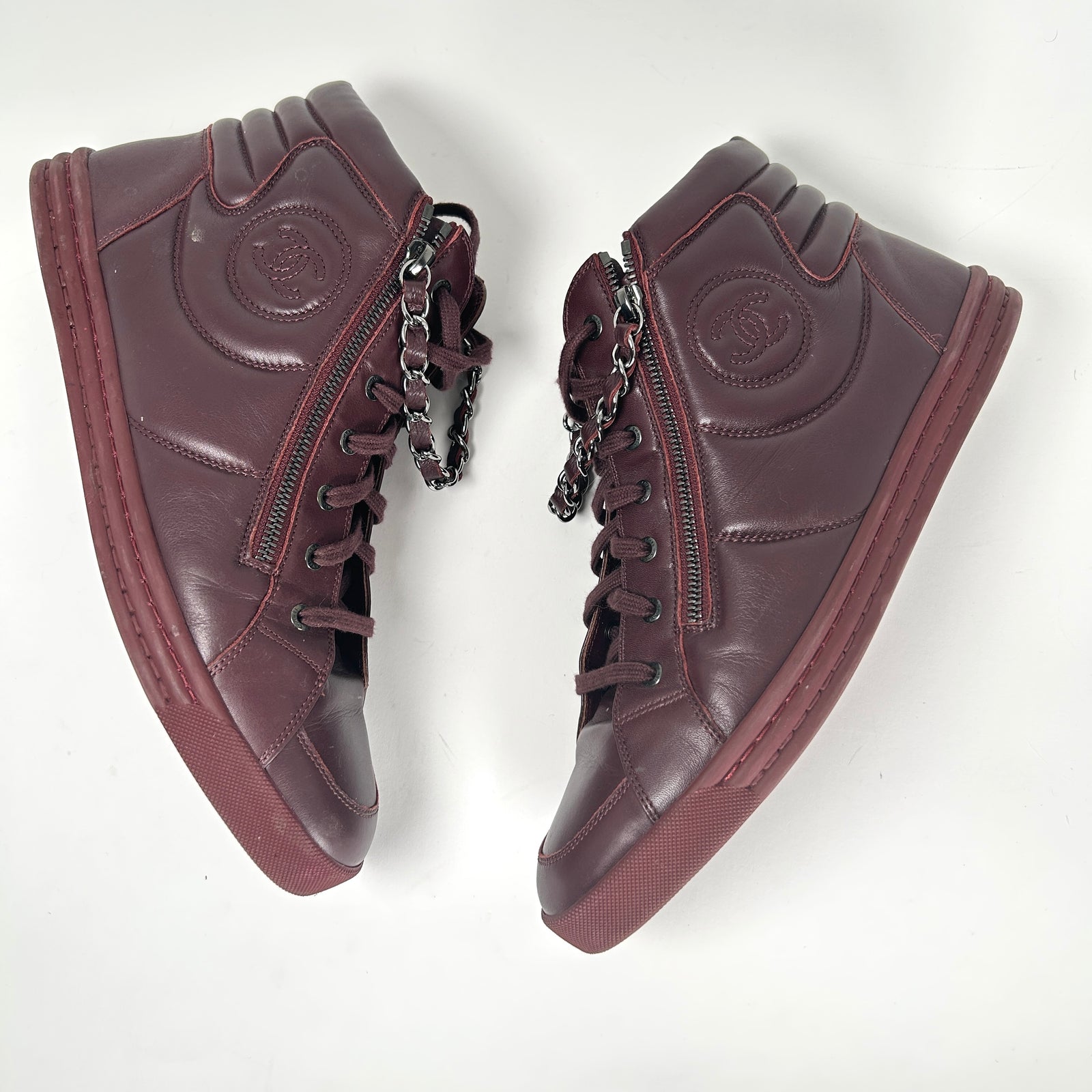 Chanel Burgundy 'CC' Lambskin Hightop Sneakers Size 43