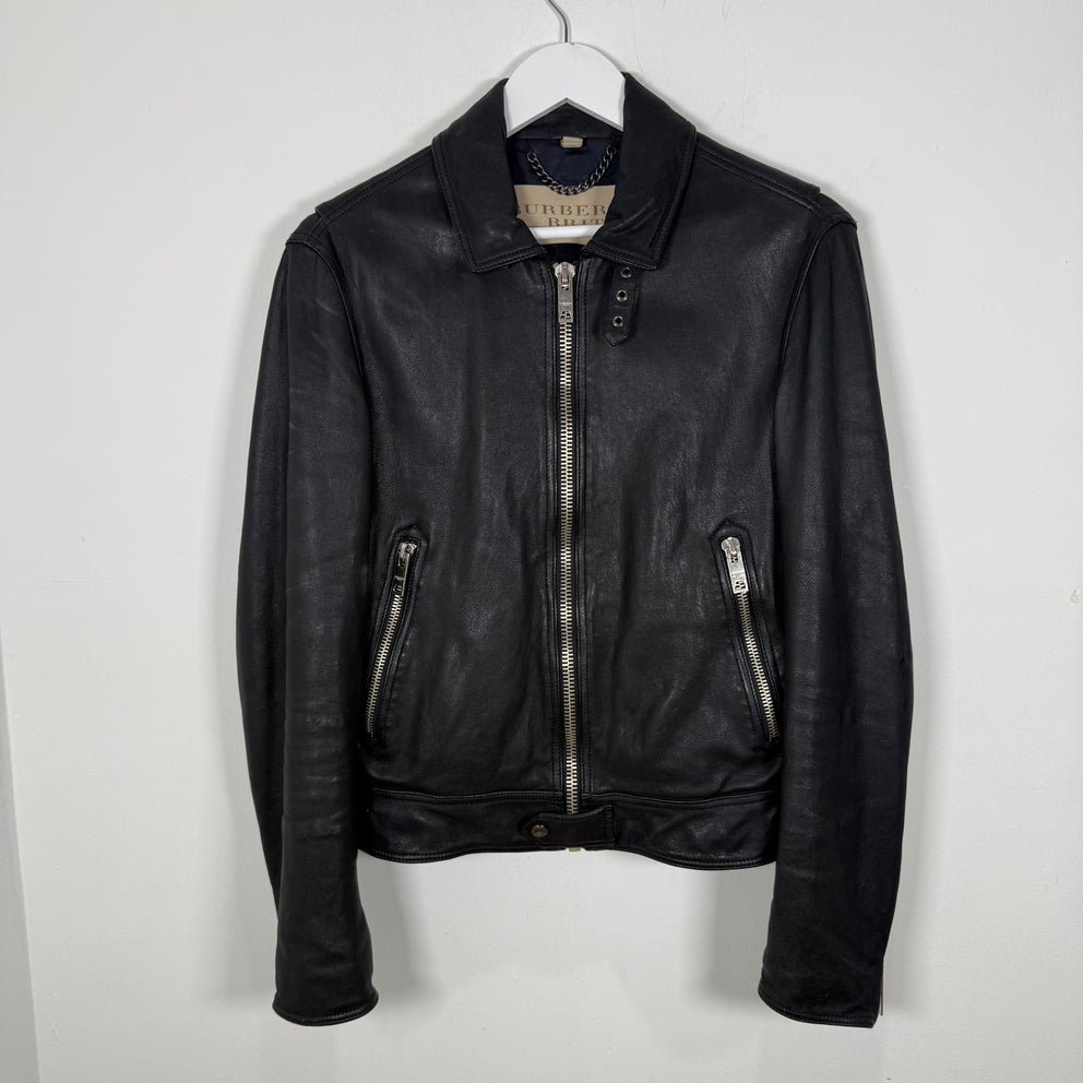 Burberry Brit Navy Leather Zip-Up Jacket Size S