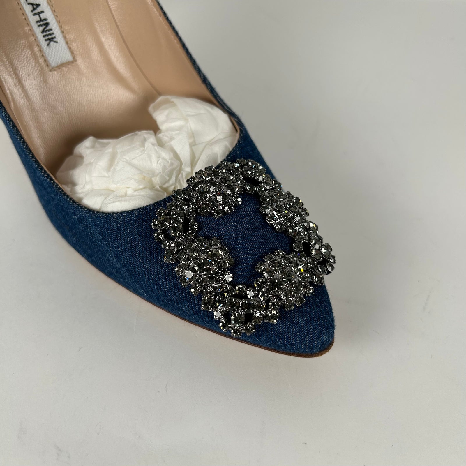 Manolo Blahnik Hangisi Jewel Buckle Denim Pumps Size 37.5