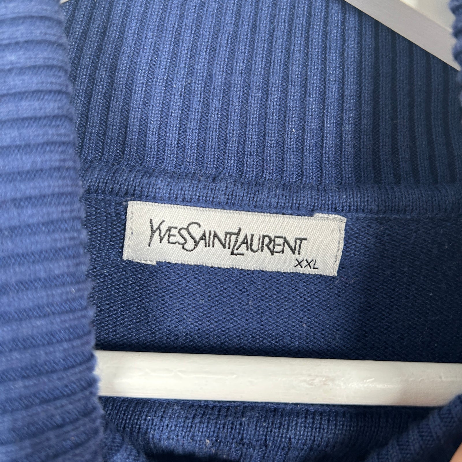 Yves Saint Laurent Vintage Blue Flock Logo Turtleneck Size XXL