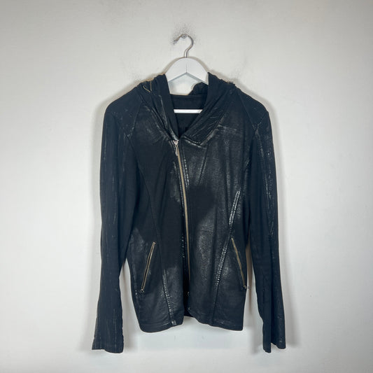 14th Addiction Black Waxed Asymmetrical Zip-Up Hoodie Size 1