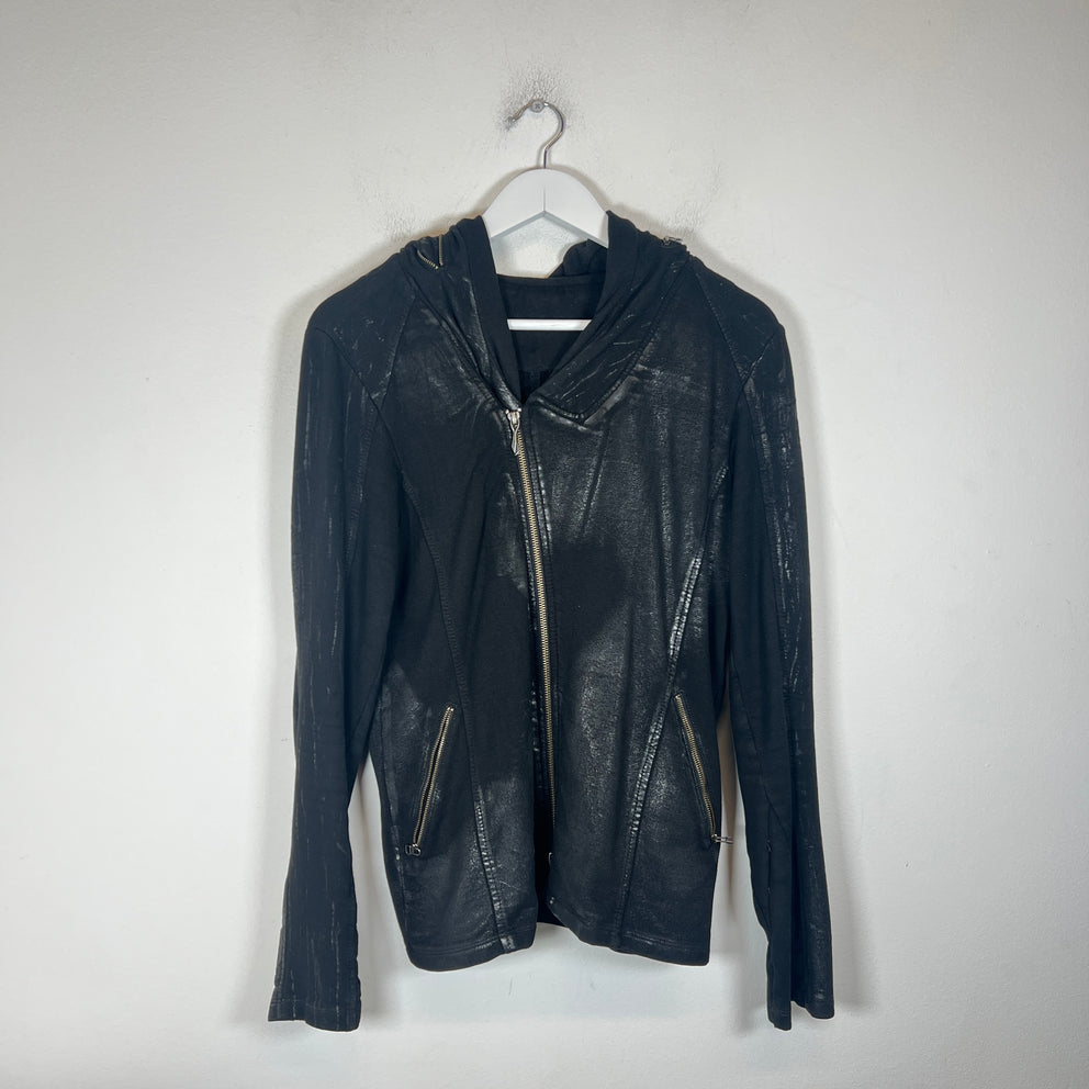 14th Addiction Black Waxed Asymmetrical Zip-Up Hoodie Size 1