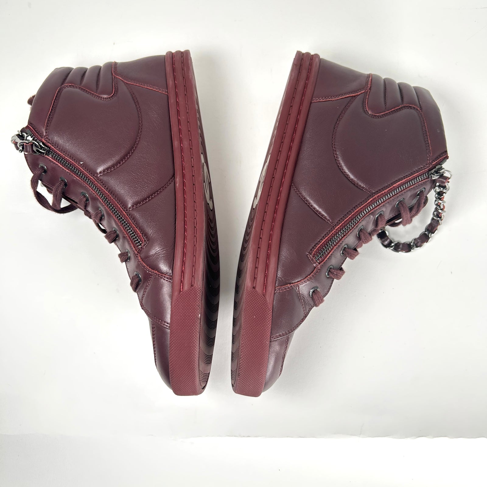 Chanel Burgundy 'CC' Lambskin Hightop Sneakers Size 43
