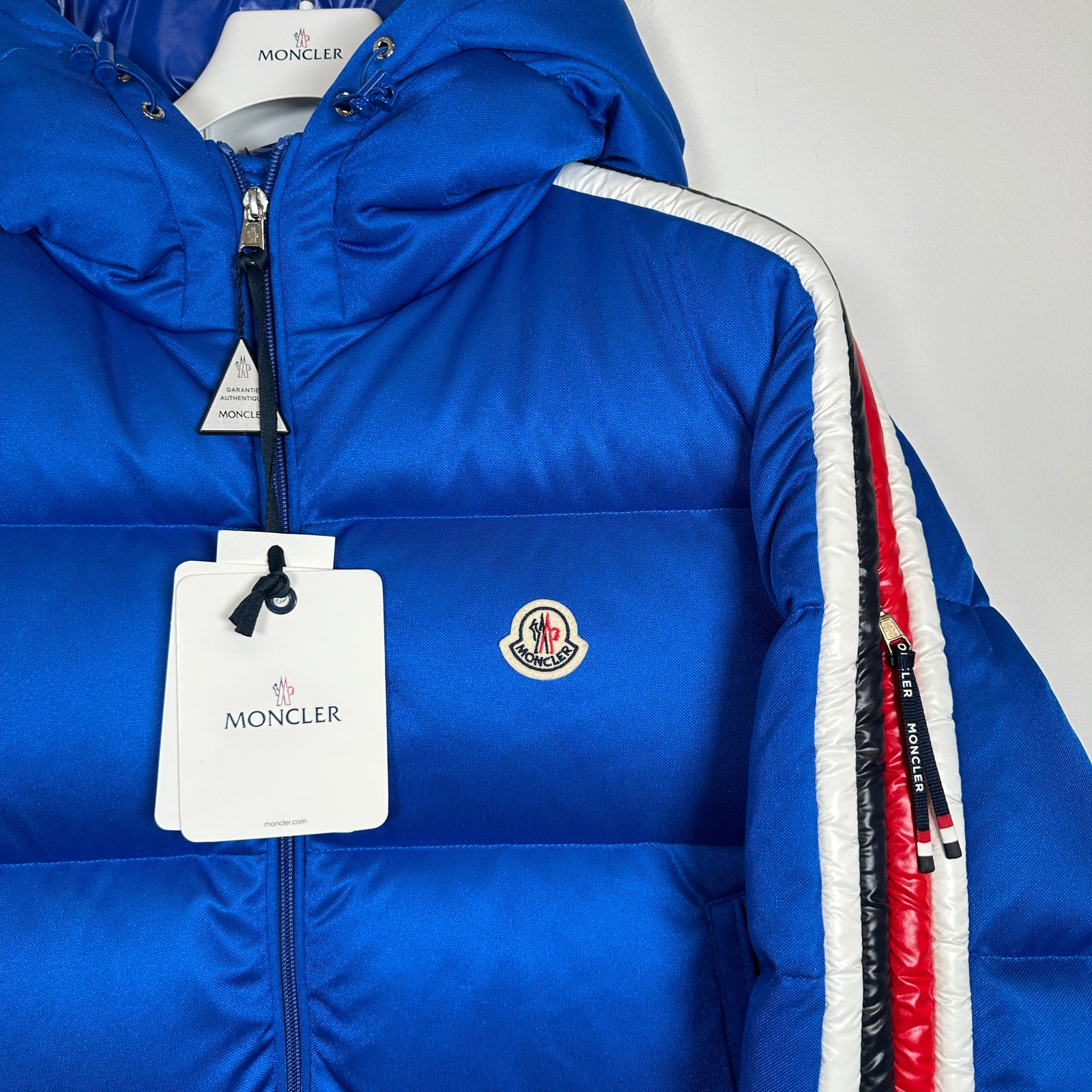 Moncler Blue Sanbesan Giubbotto Side Stripe Puffer Size XL
