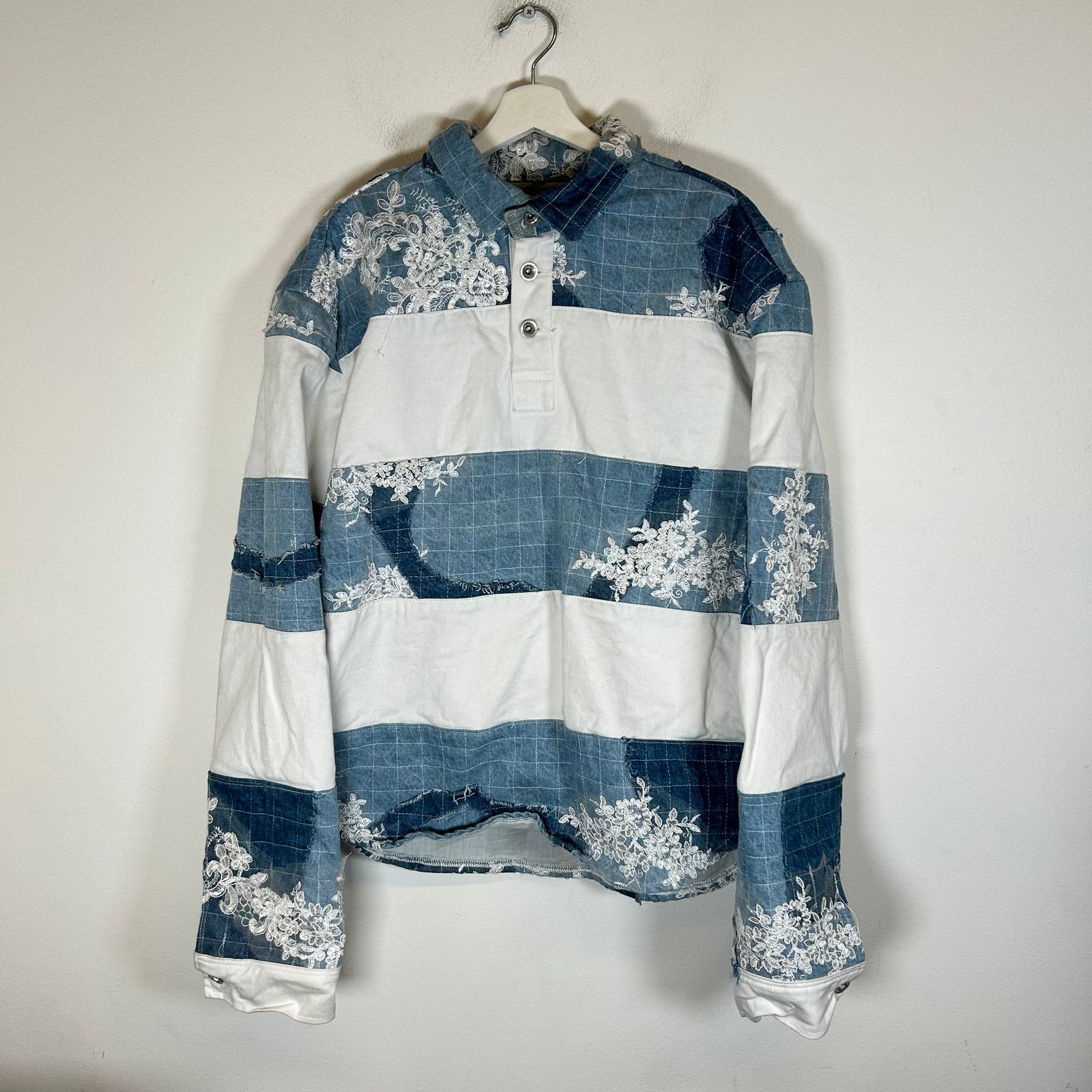 Who Decides War Blue Paneled Denim Polo Pullover Size XL