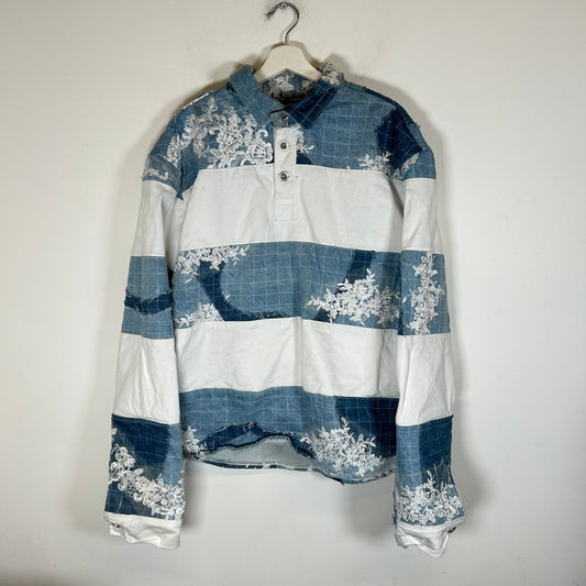 Who Decides War Blue Paneled Denim Polo Pullover Size XL