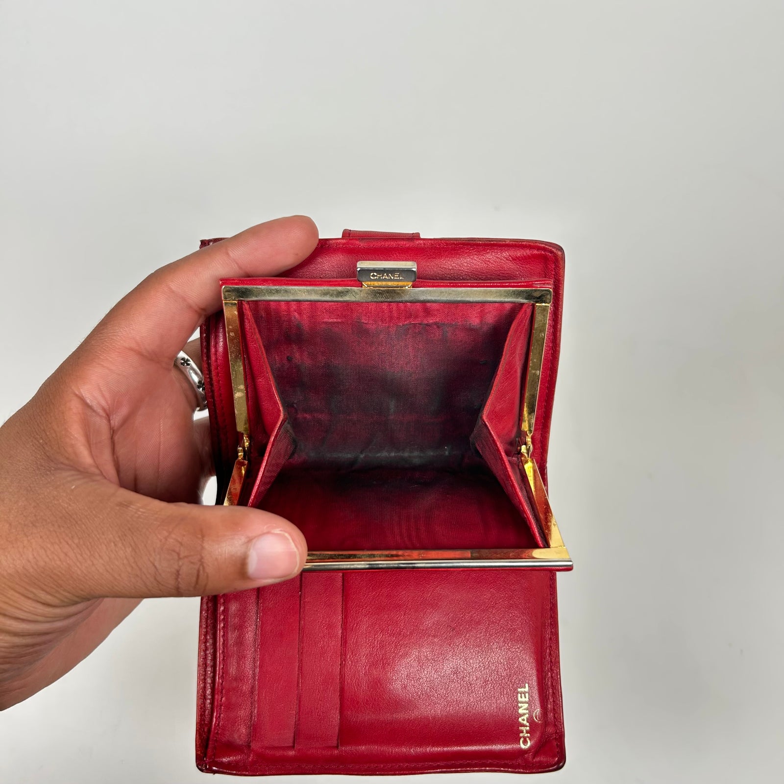 Chanel Red Pebbled Leather Mini Bi-Fold Wallet