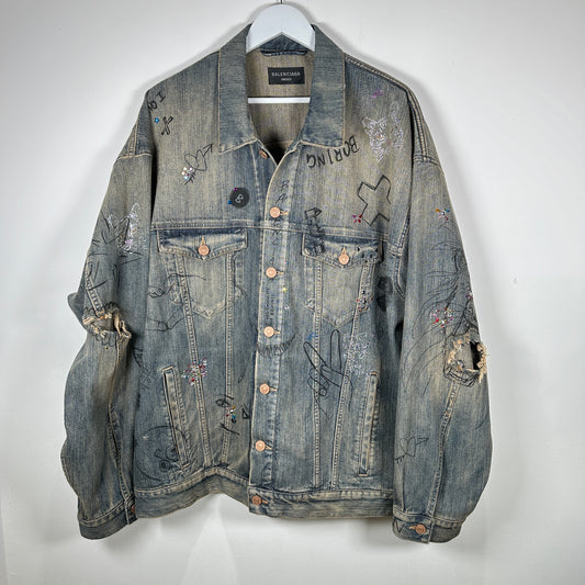 Balenciaga Denim 'Rhinestone Scribble' Jacket Size 2