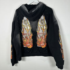 Who Decides War Flame Stained Glass Rhinestone Black Hoodie Size L