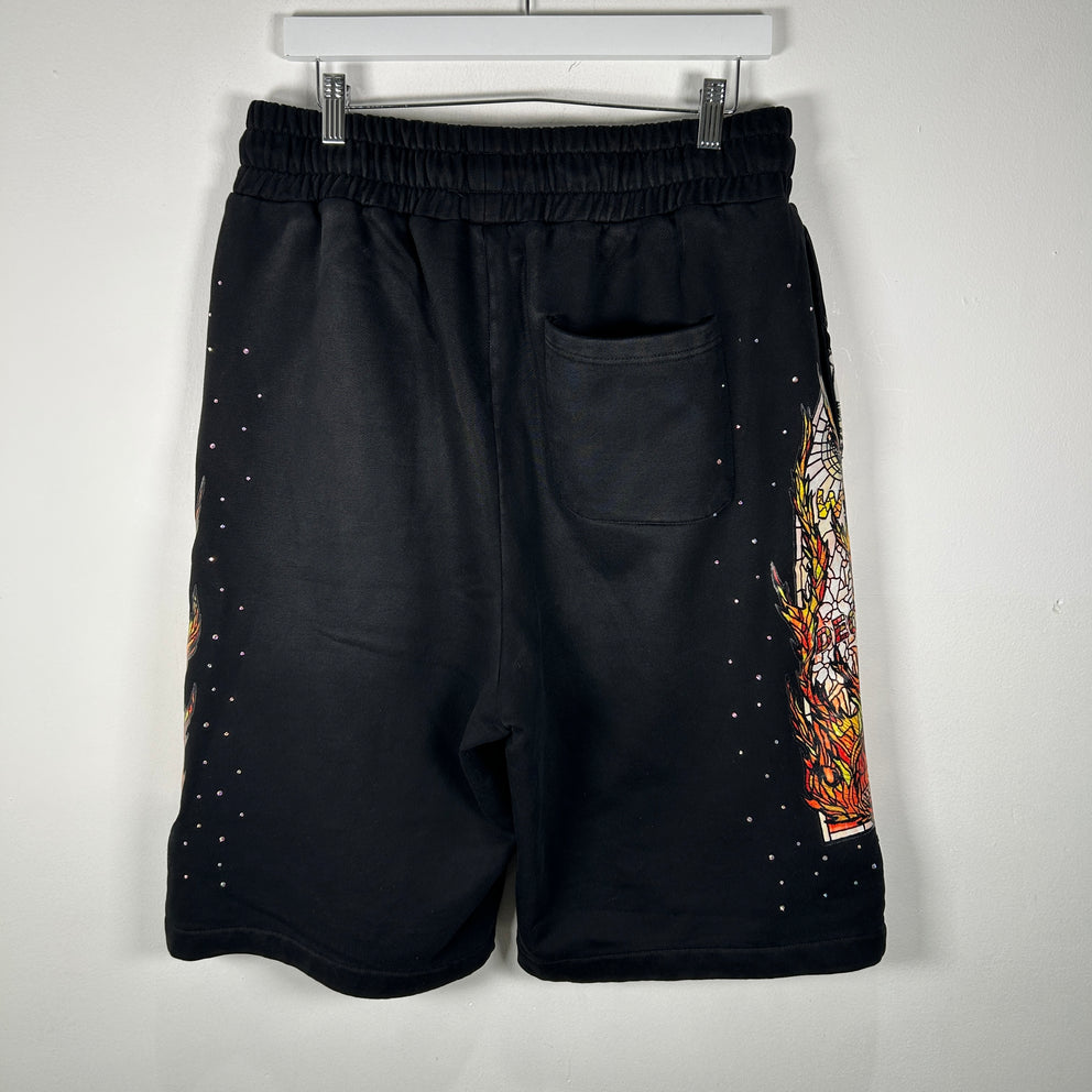 Who Decides War Flame Stained Glass Rhinestone Black Shorts Size 32