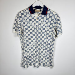 Gucci Cream/Blue Embroidered GG Stretch Cotton Polo Size M