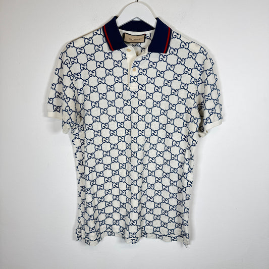 Gucci Cream/Blue Embroidered GG Stretch Cotton Polo Size M