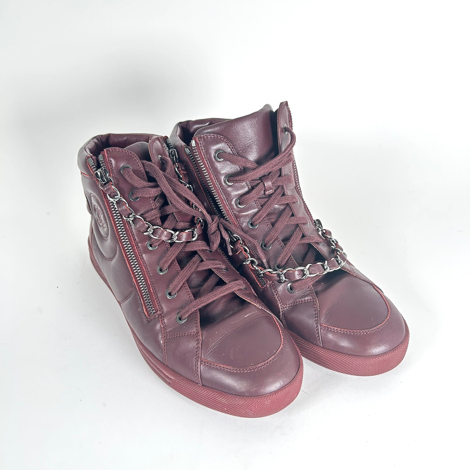 Chanel Burgundy 'CC' Lambskin Hightop Sneakers Size 43