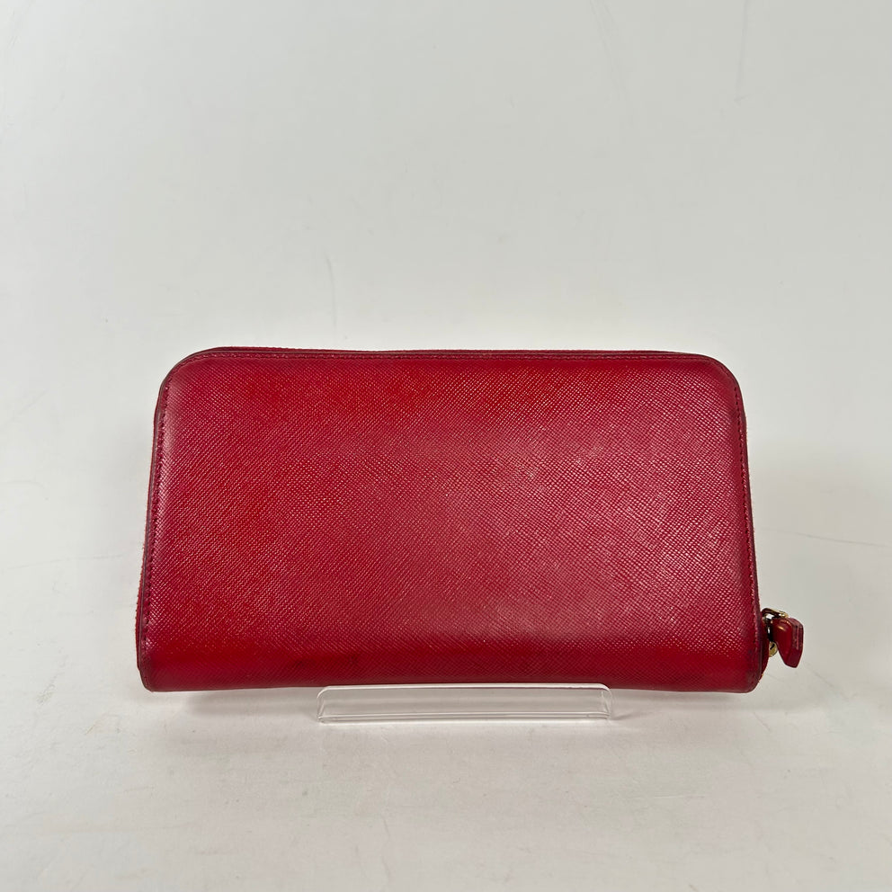 Prada Red Saffiano Zip Around Wallet