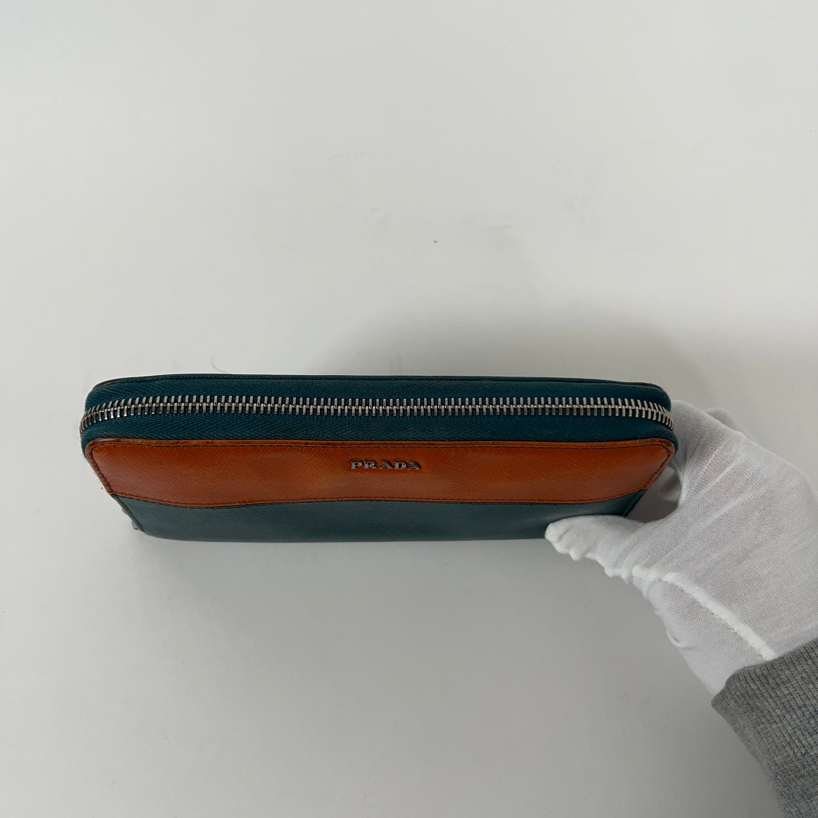 Prada Orange/Teal Leather Zip Around Wallet