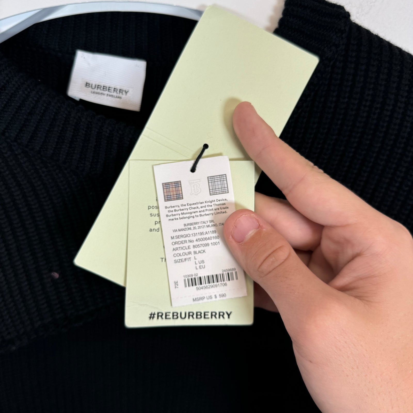 Burberry Black Wool V Cut Sweater Size L