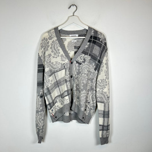 Thom Browne Grey Tartan Check/Paisley Wool V-Neck Cardigan Size 4