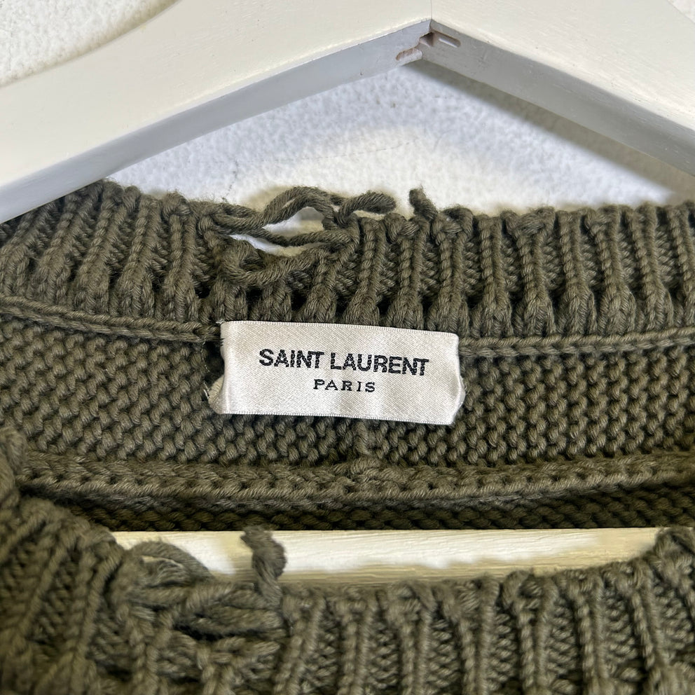 Saint Laurent Olive Green Distressed Knit Sweater Size L