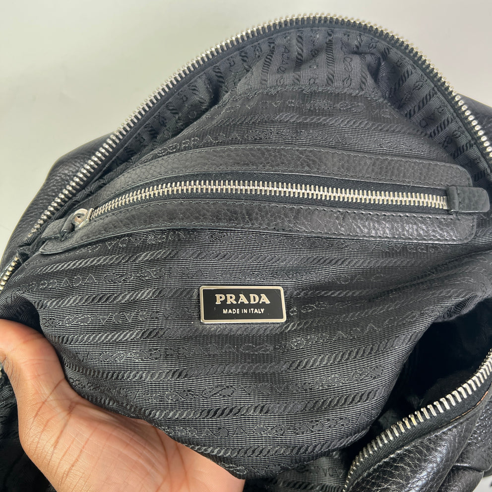 Prada Vintage Pebbled Leather Embossed Bauletto Bag