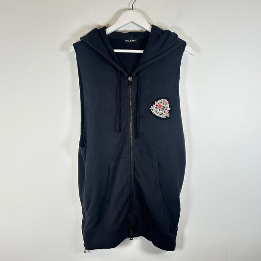 Balmain SS11 Black Sleeveless Crest Badge Hoodie Size L