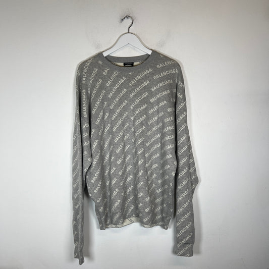 Balenciaga Grey/White Mini Allover Logo Intarsia Sweater Size M