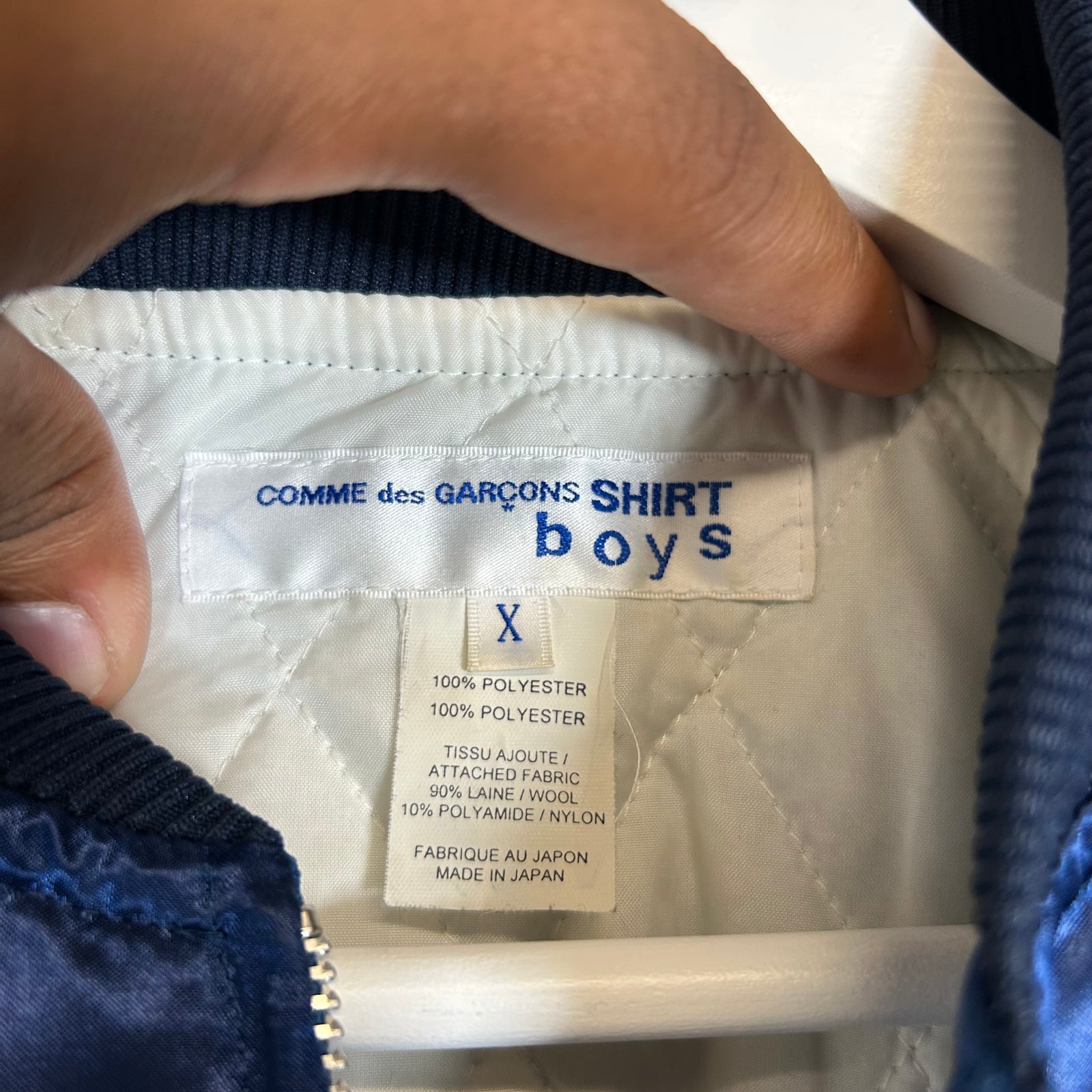 Comme Des Garcons SHIRT Boys Navy/Grey Satin Bomber Jacket Size XS