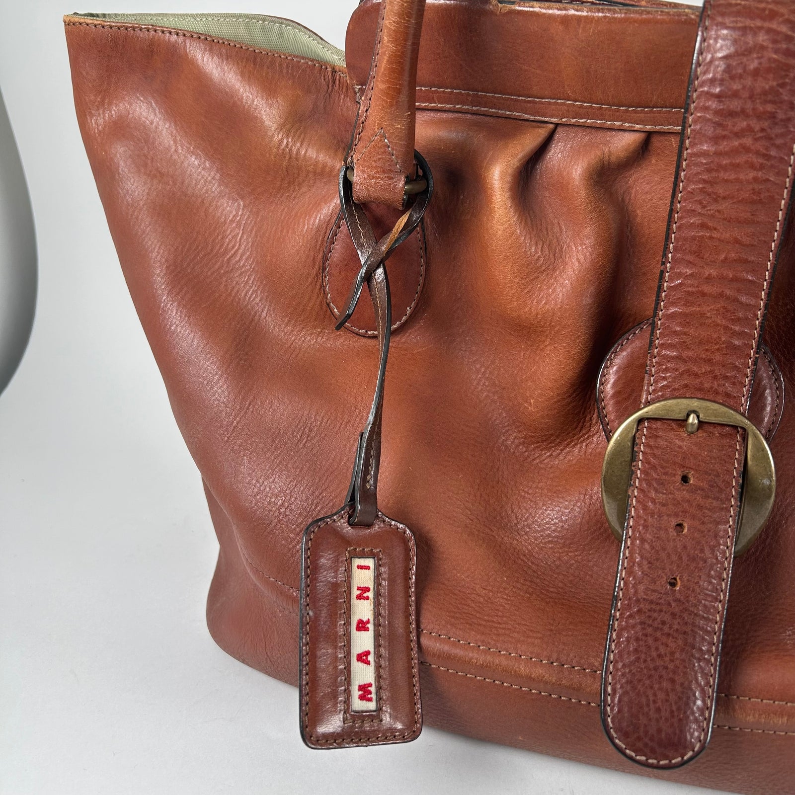 Marni Brown Buckle Charm Leather Tote Bag