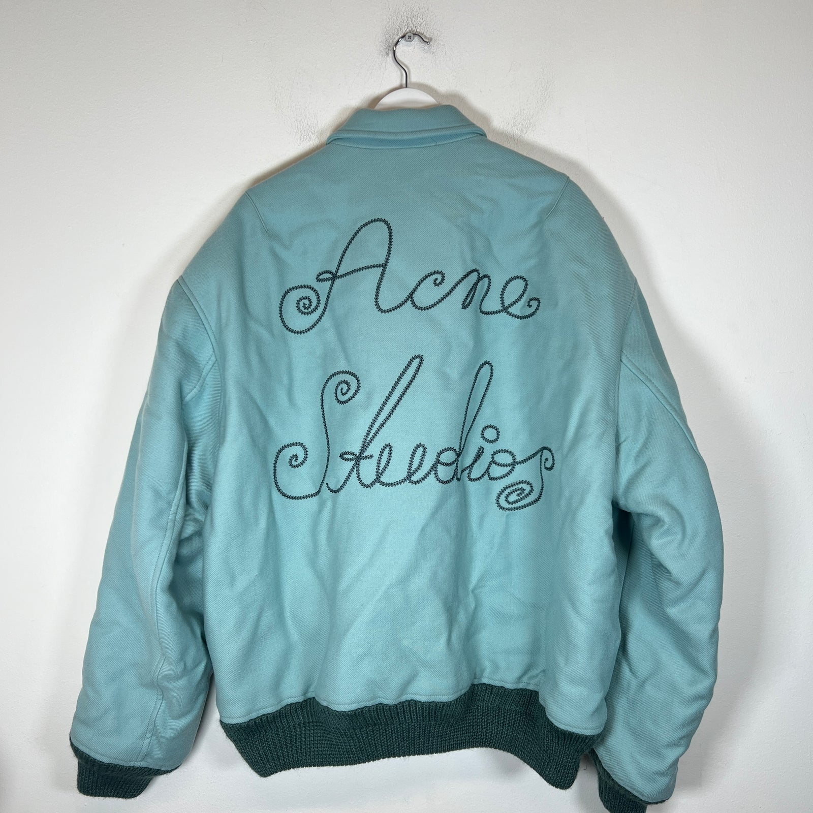Acne Studios Light Blue Embroidered Logo Bomber Jacket Size XL